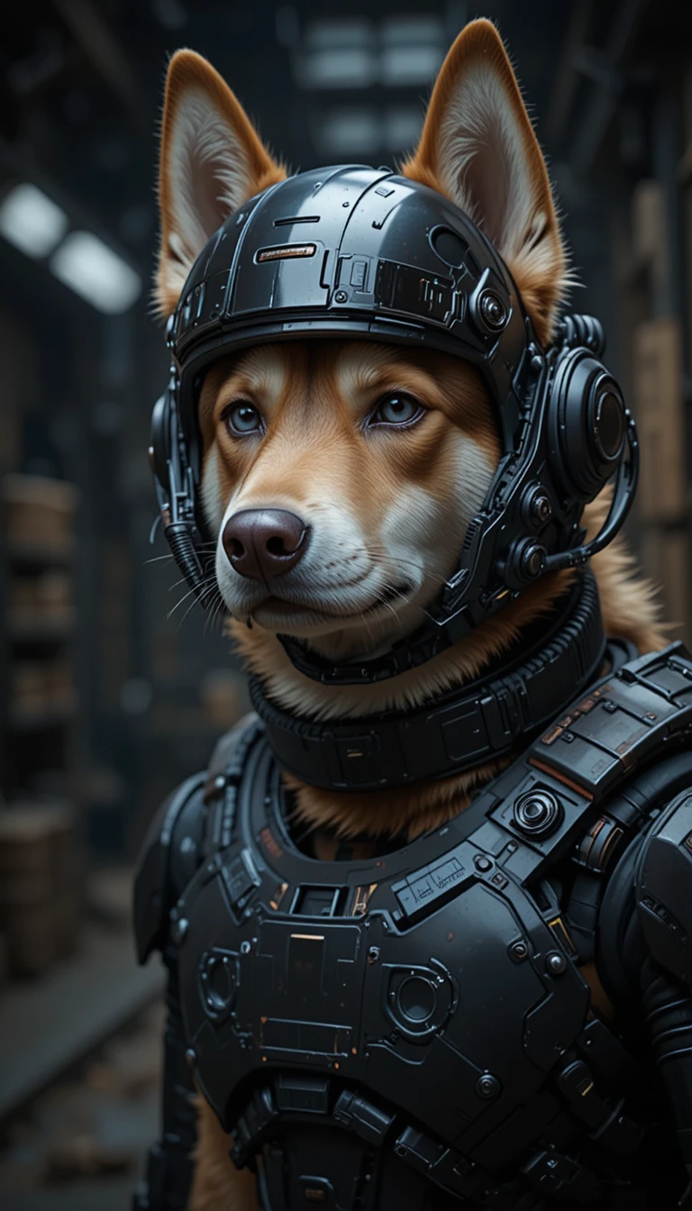 Husky blindado con casco exoesqueleto sci‑fi futurista