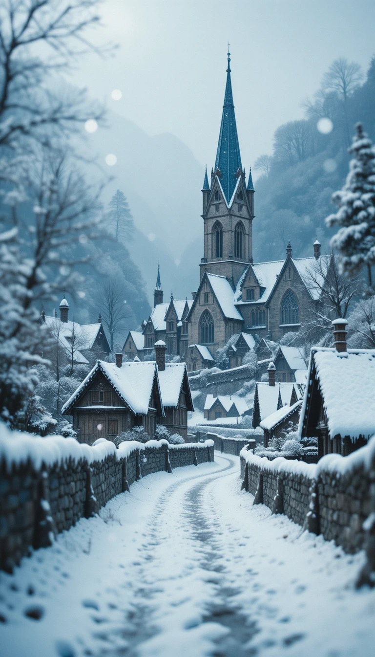 Pueblo nevado con muros de piedra y agujas góticas de iglesia