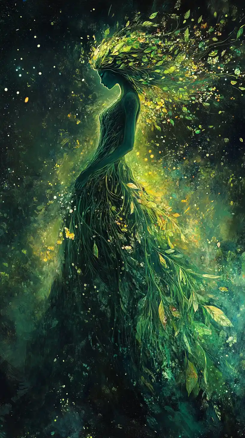 Retrato místico de un hada de piel de hierba bajo el cielo nocturno