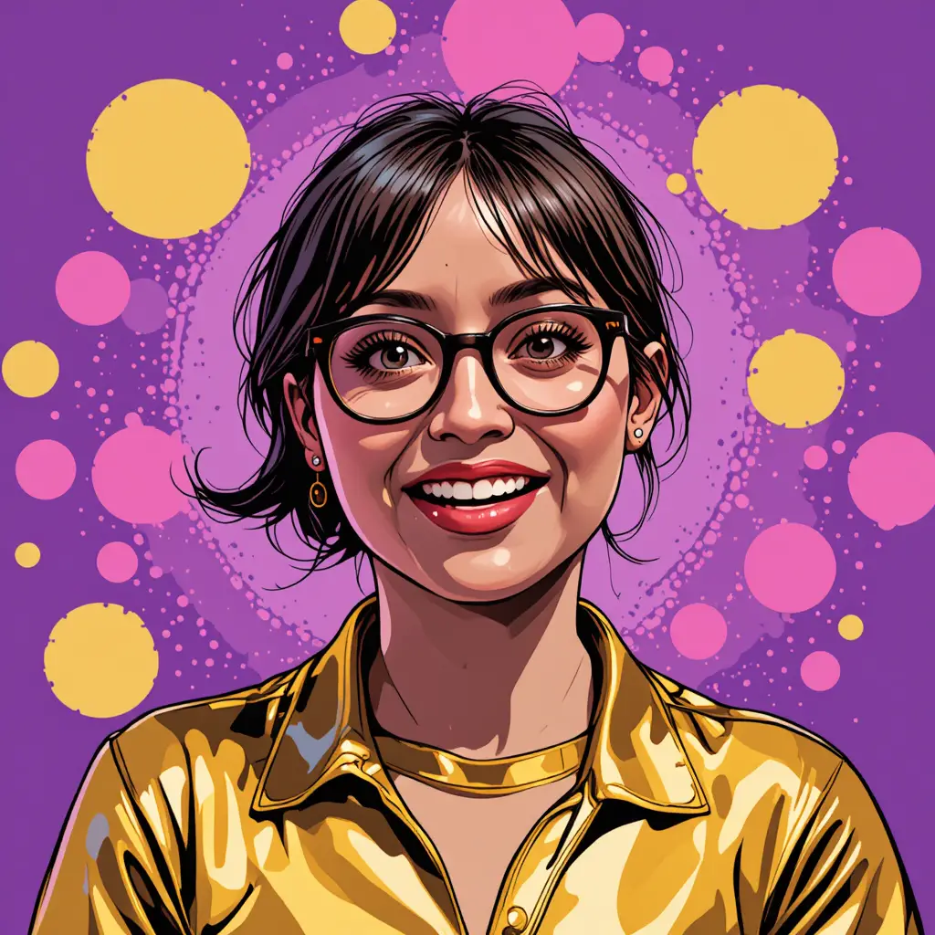Sarkastische Pop-Art-Frau mit Brille vor lila Kreis-Hintergrund