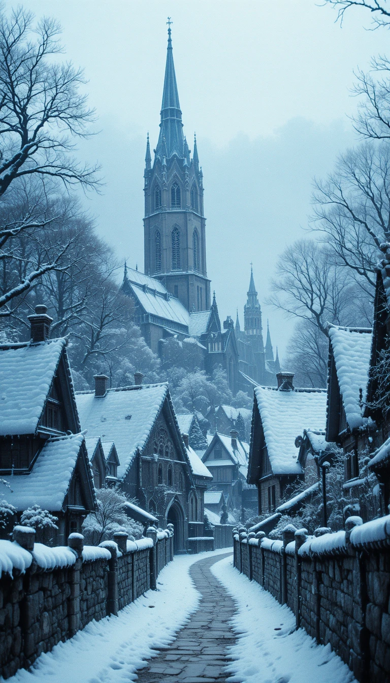 Aldeia coberta de neve com igreja gótica e muros de pedra
