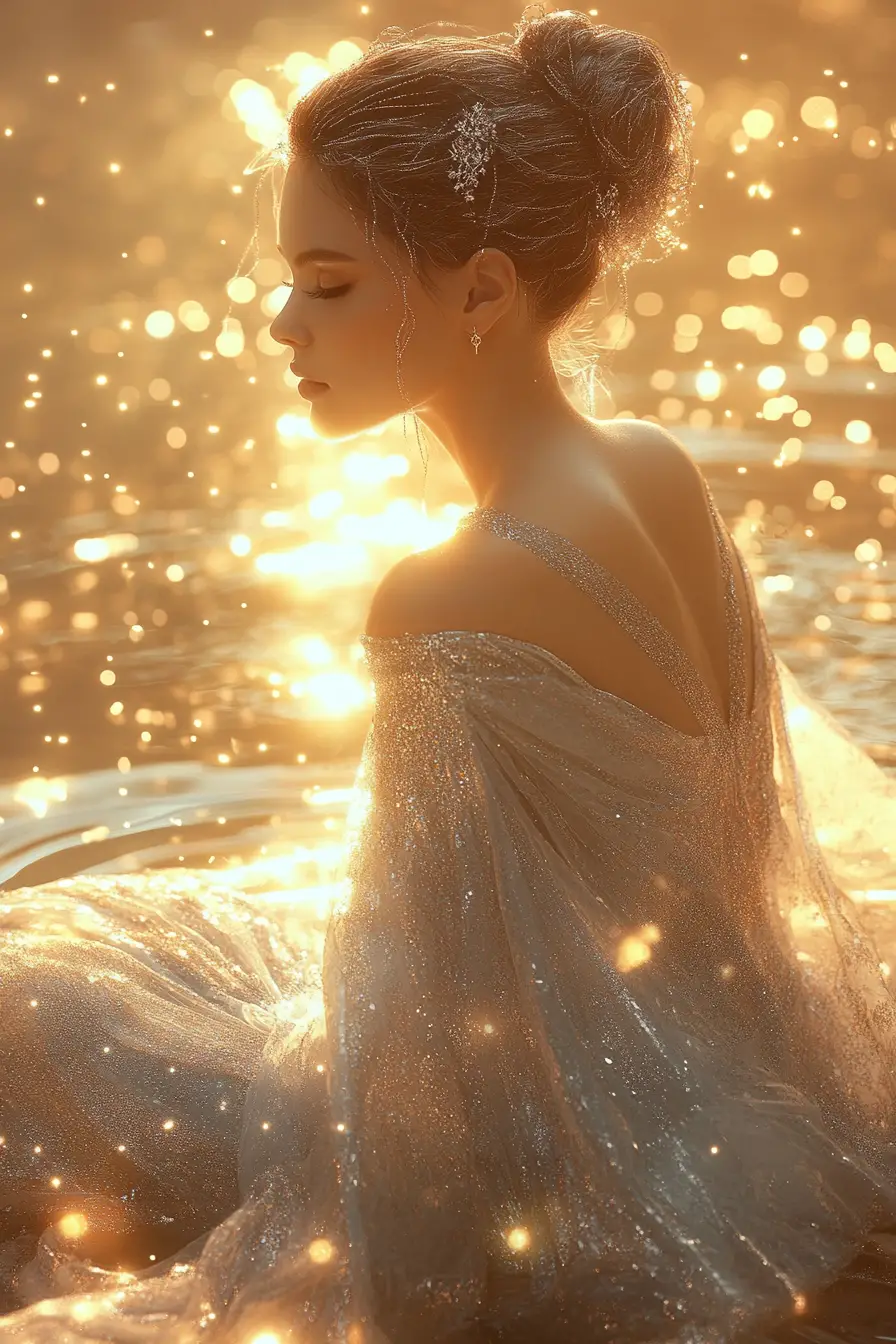 Silver haired goddess kneeling in a glowing sunlit lake
