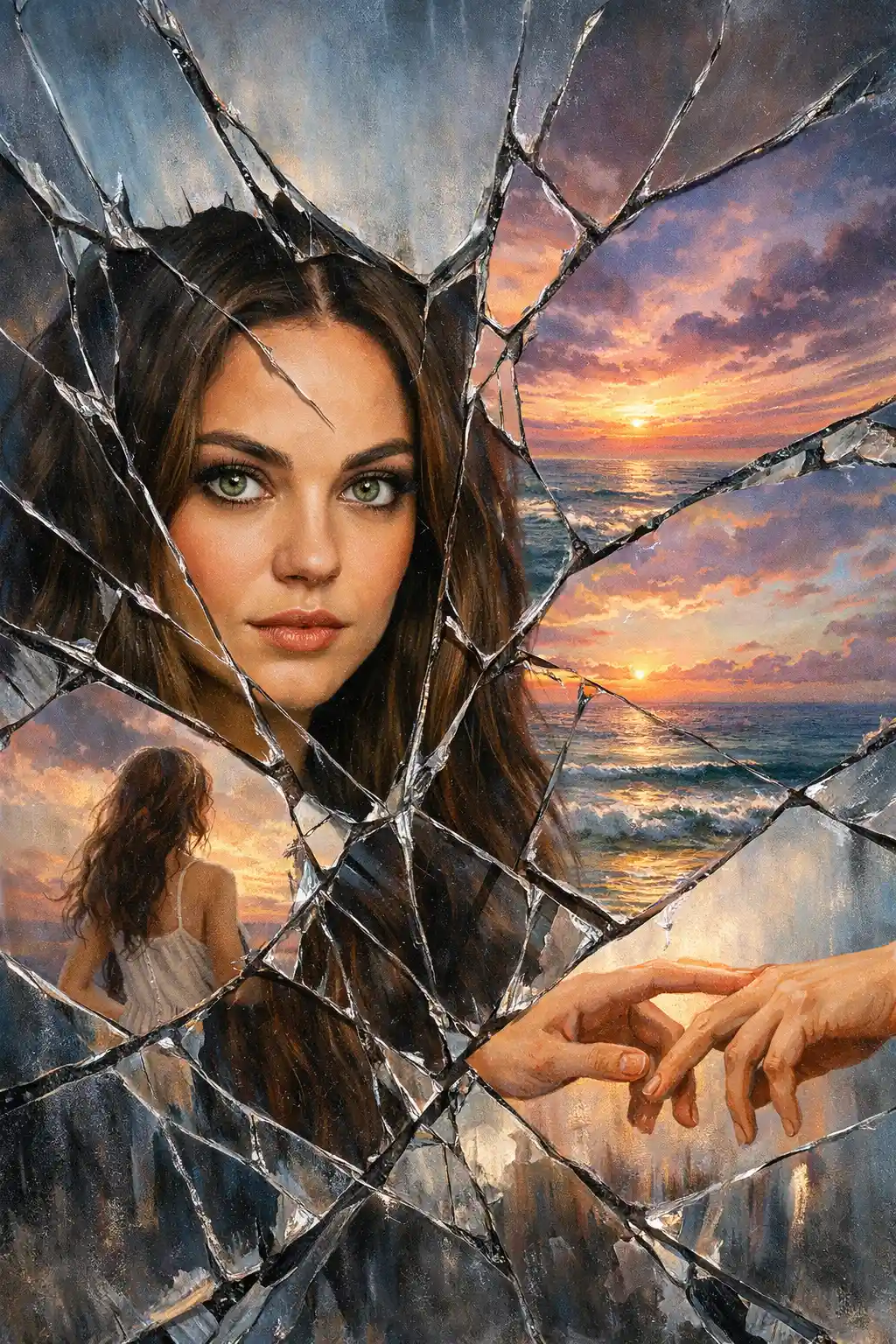 Pintura surreal de um espelho rachado com reflexos fragmentados