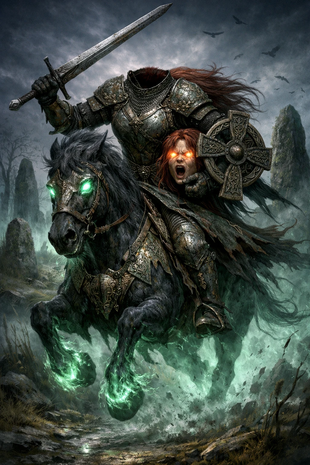 Headless warrior woman charging across a haunted battlefield