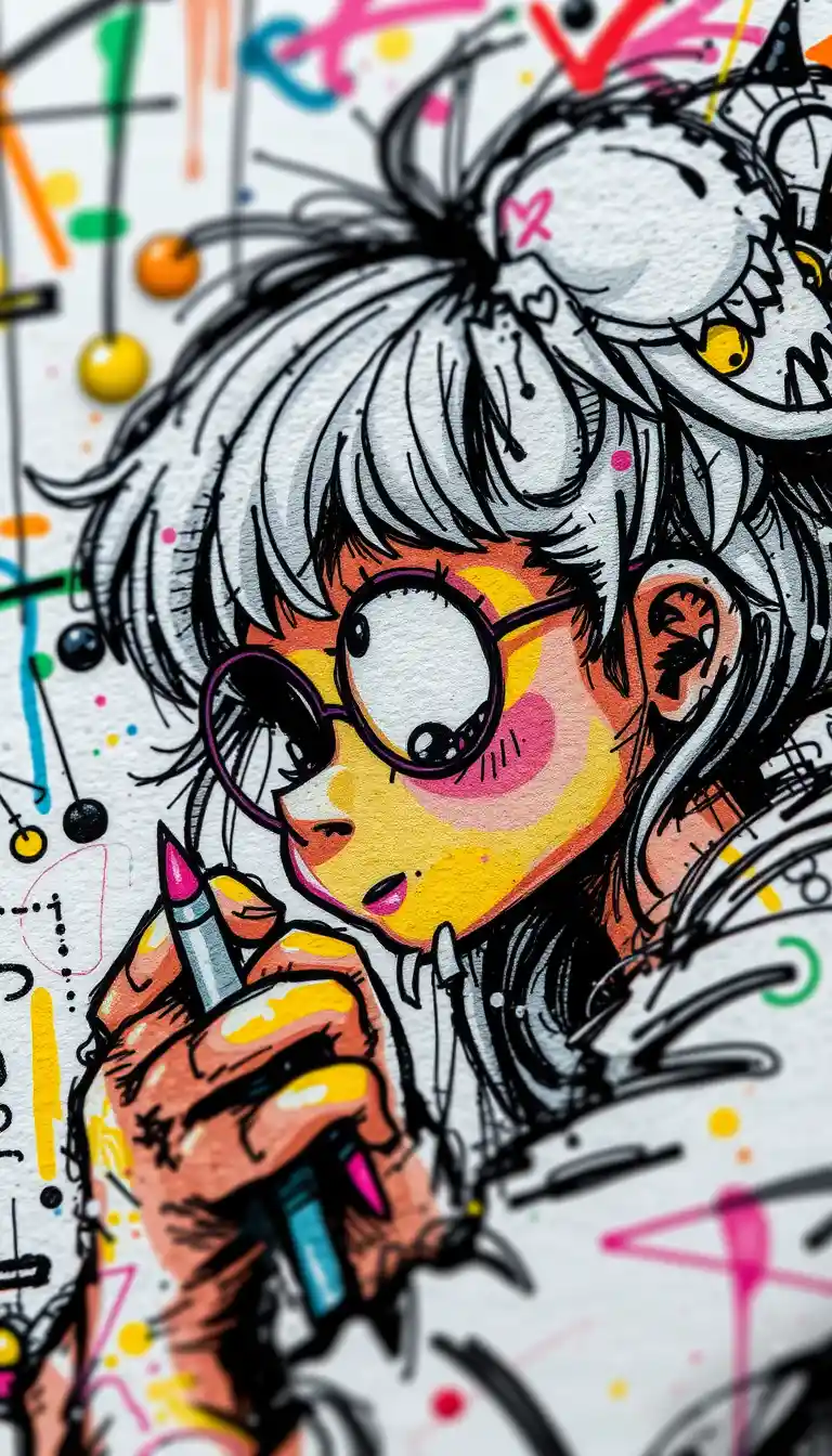 Nahaufnahme einer skizzenhaften Neon-Illustration einer niedlichen Figur