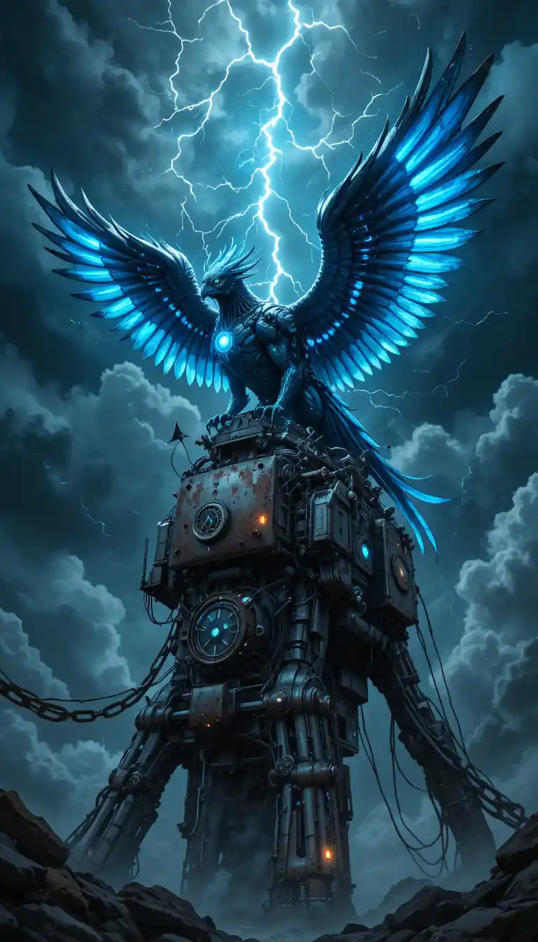 Cybernetic griffin soaring above a colossal rusted machine