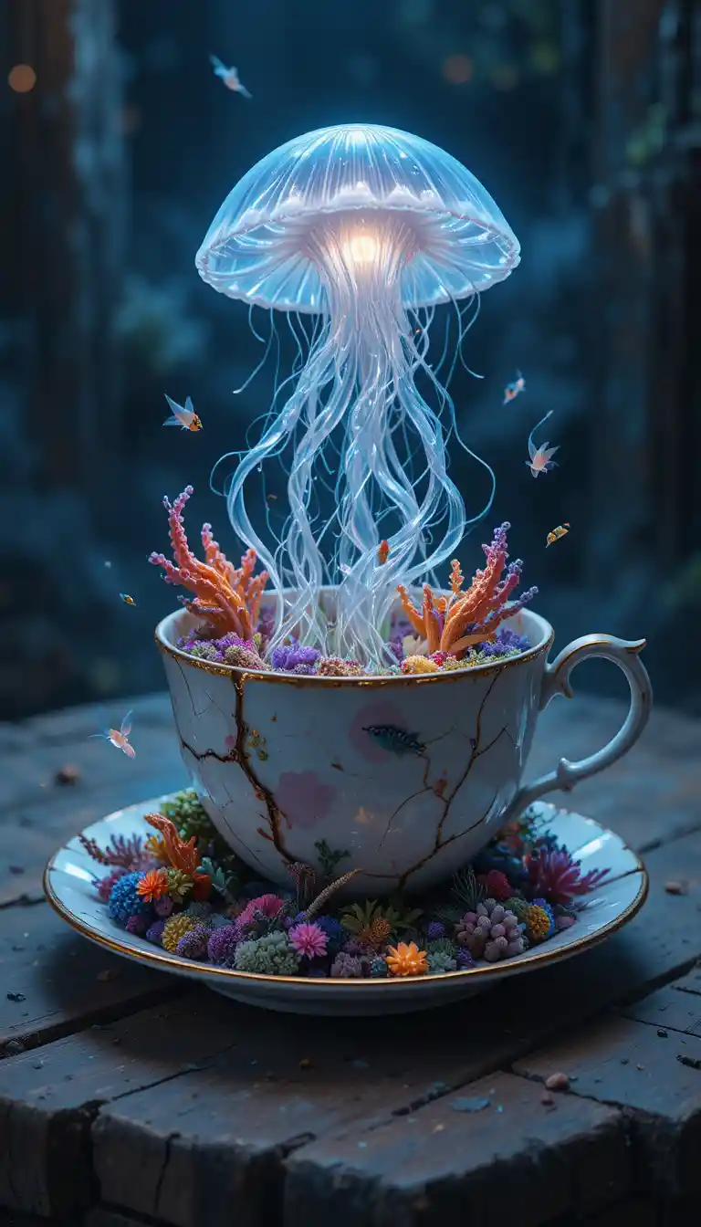 Água-viva bioluminescente surgindo de uma xícara de porcelana rachada