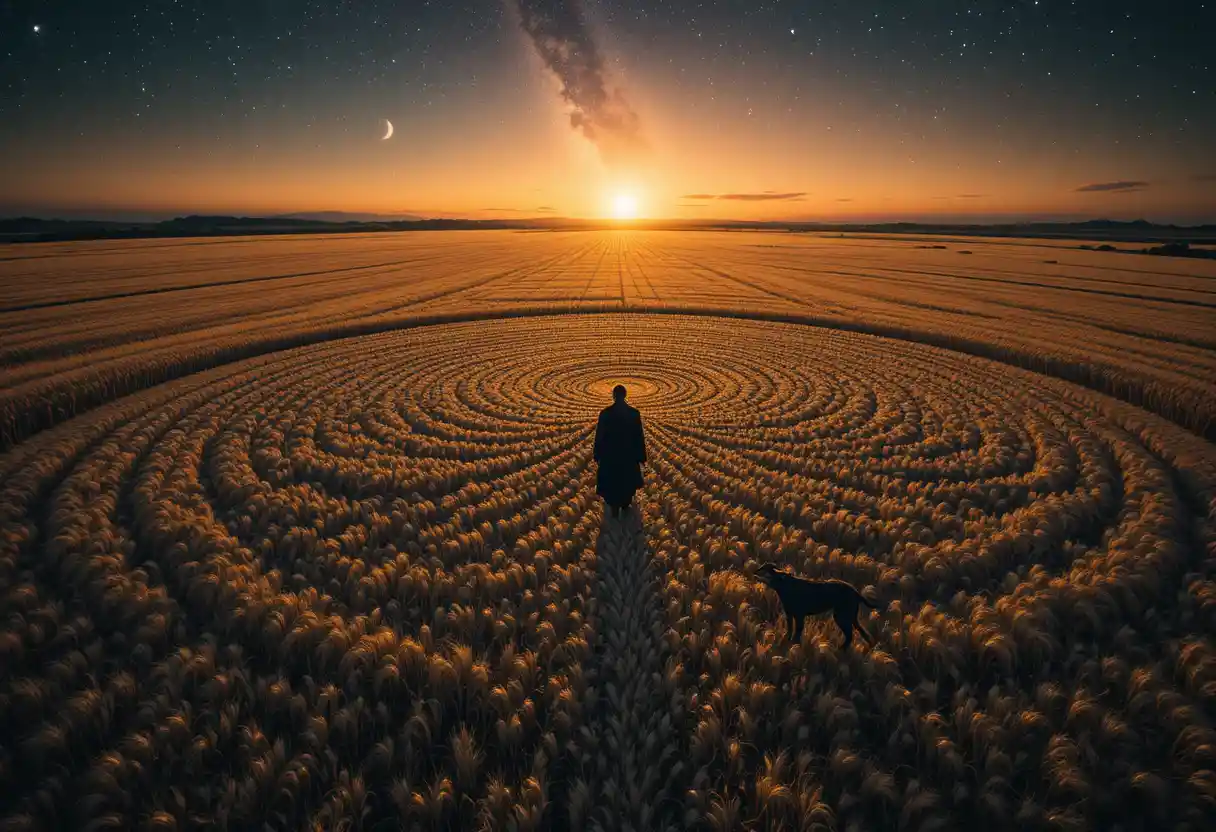 Campo di grano dorato con vasto motivo frattale al tramonto