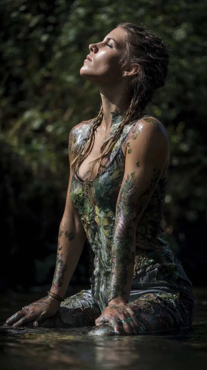 Femme élémentaire debout dans un paysage fantastique cinématographique
