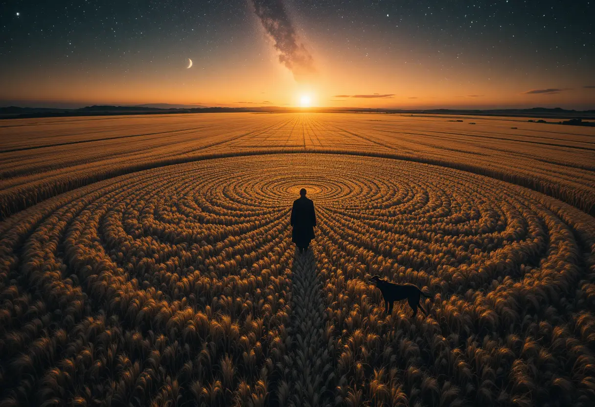 Golden wheat field with vast fractal pattern at sunset