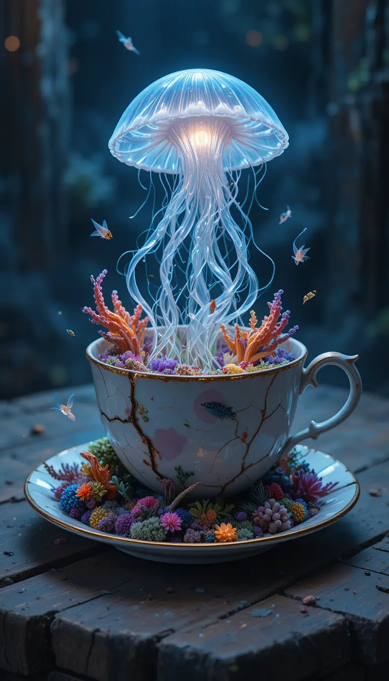 Medusa bioluminescente che emerge da una tazza da tè di porcellana incrinata