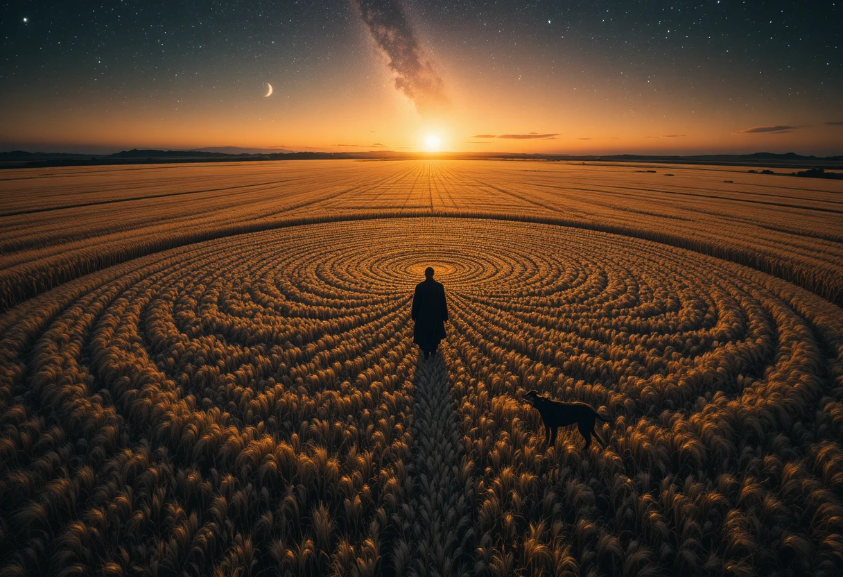 Campo di grano dorato con vasto motivo frattale al tramonto