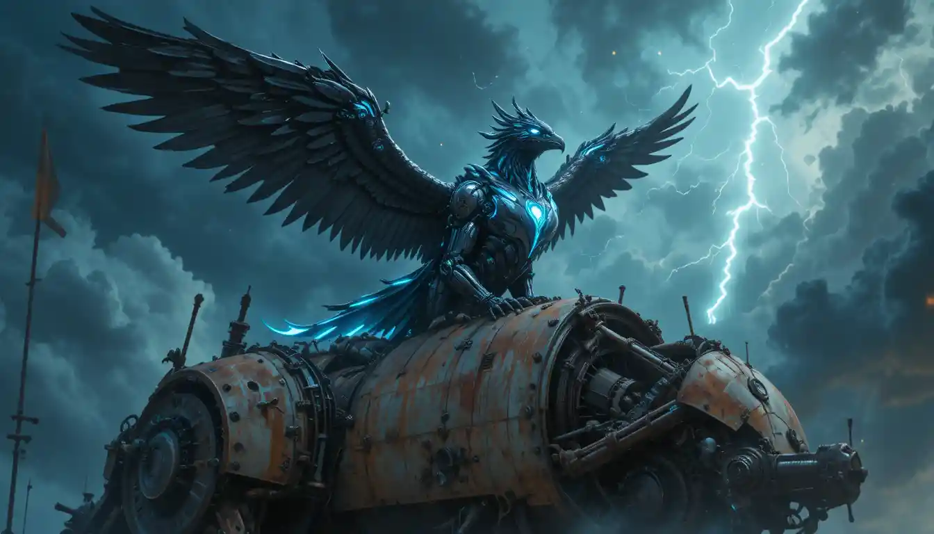 Cybernetic griffin soaring above a colossal rusted machine
