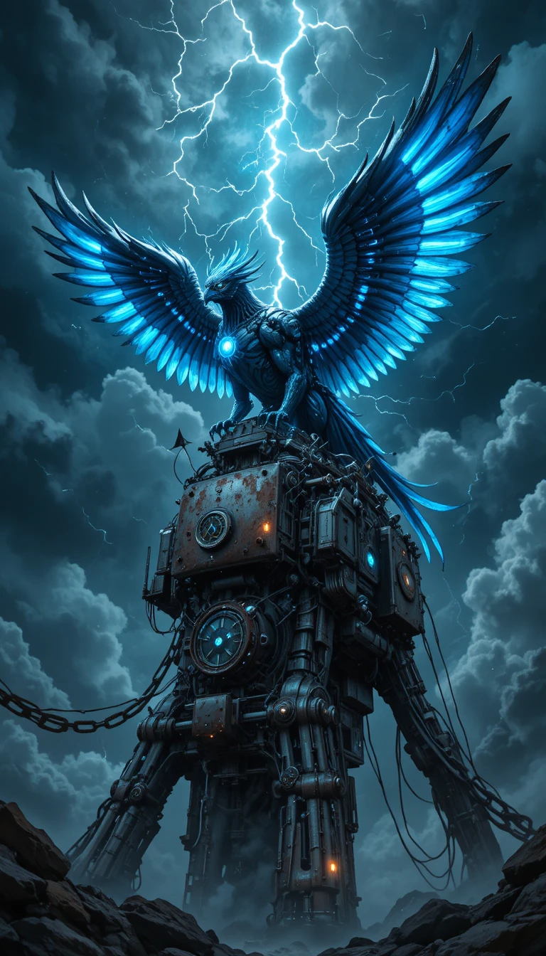Cybernetic griffin soaring above a colossal rusted machine