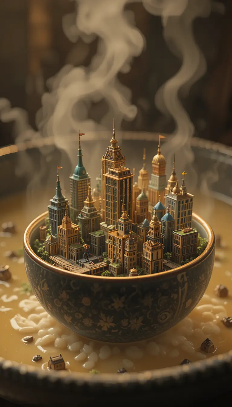 Città in miniatura che emerge da una fumante ciotola di zuppa