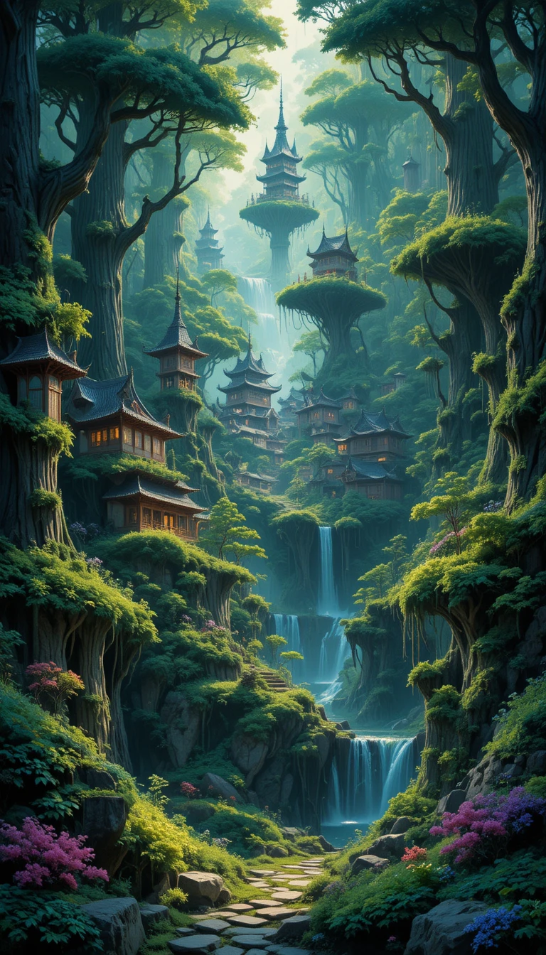 Ciudad de fantasía luminosa escondida en un bosque ancestral