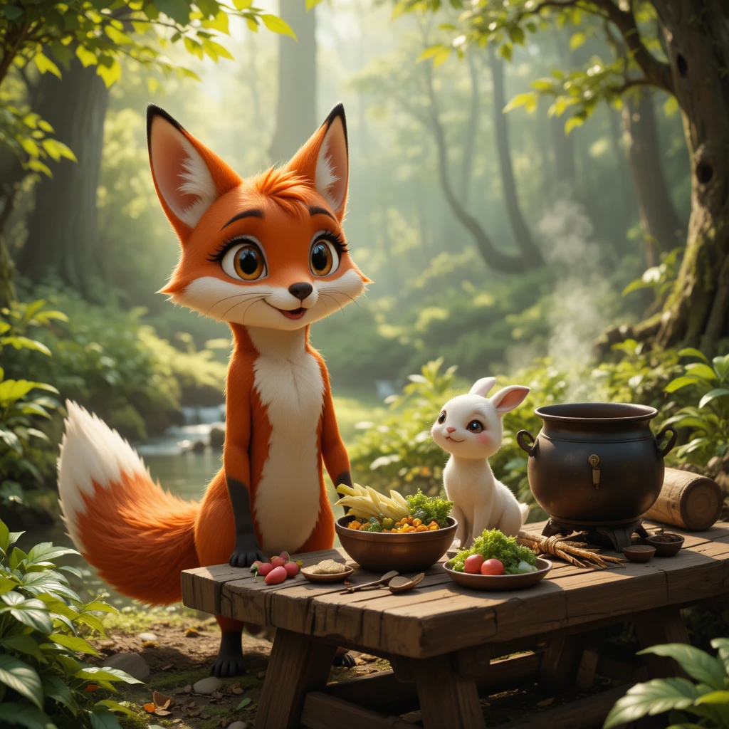 Raposa de fogo alegre e coelho cozinhando em uma floresta banhada de sol