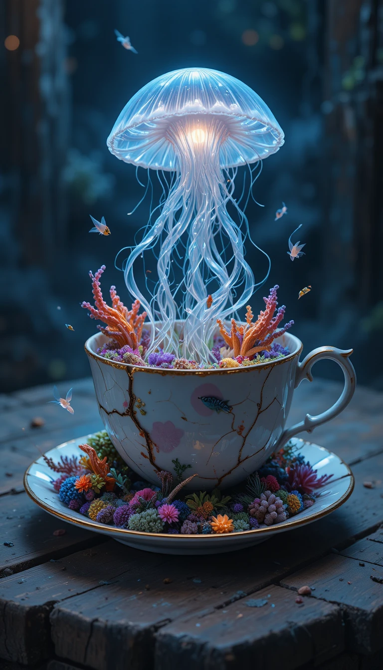 Bioluminescent jellyfish emerging from a cracked porcelain teacup