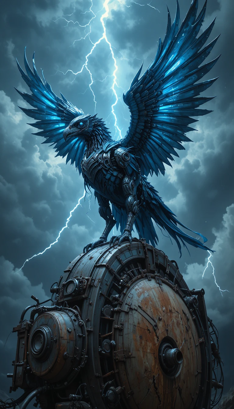 Cybernetic griffin flying above a vast rusting machine