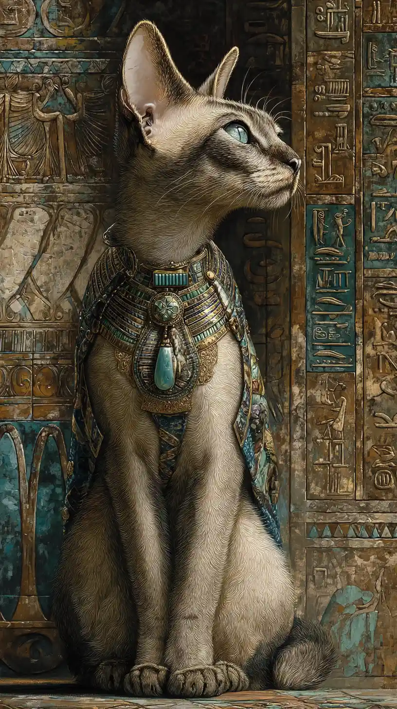Divinité royale de chat siamois dans un intérieur de l’Égypte antique