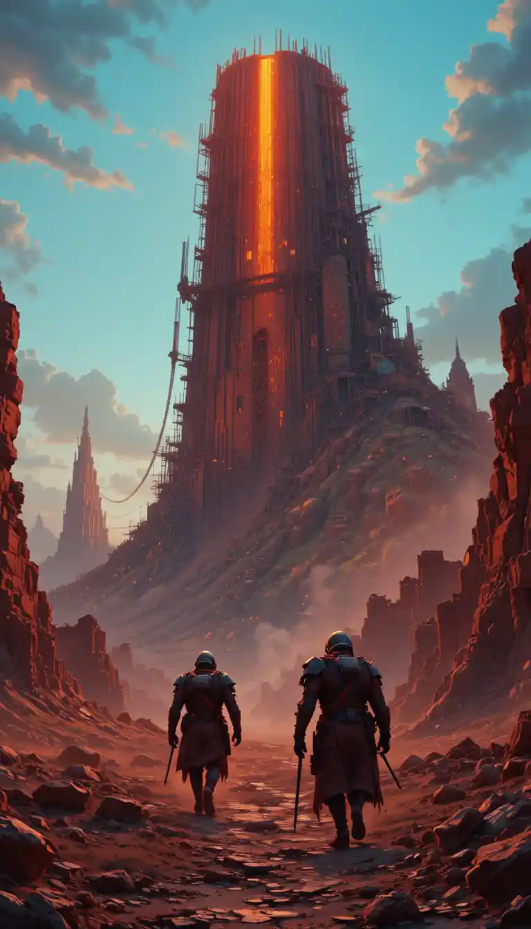 Dystopian warriors crossing a crimson wasteland at dusk