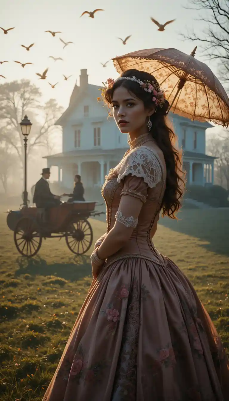 Fanciulla vittoriana in abito con corsetto e ombrellino di pizzo