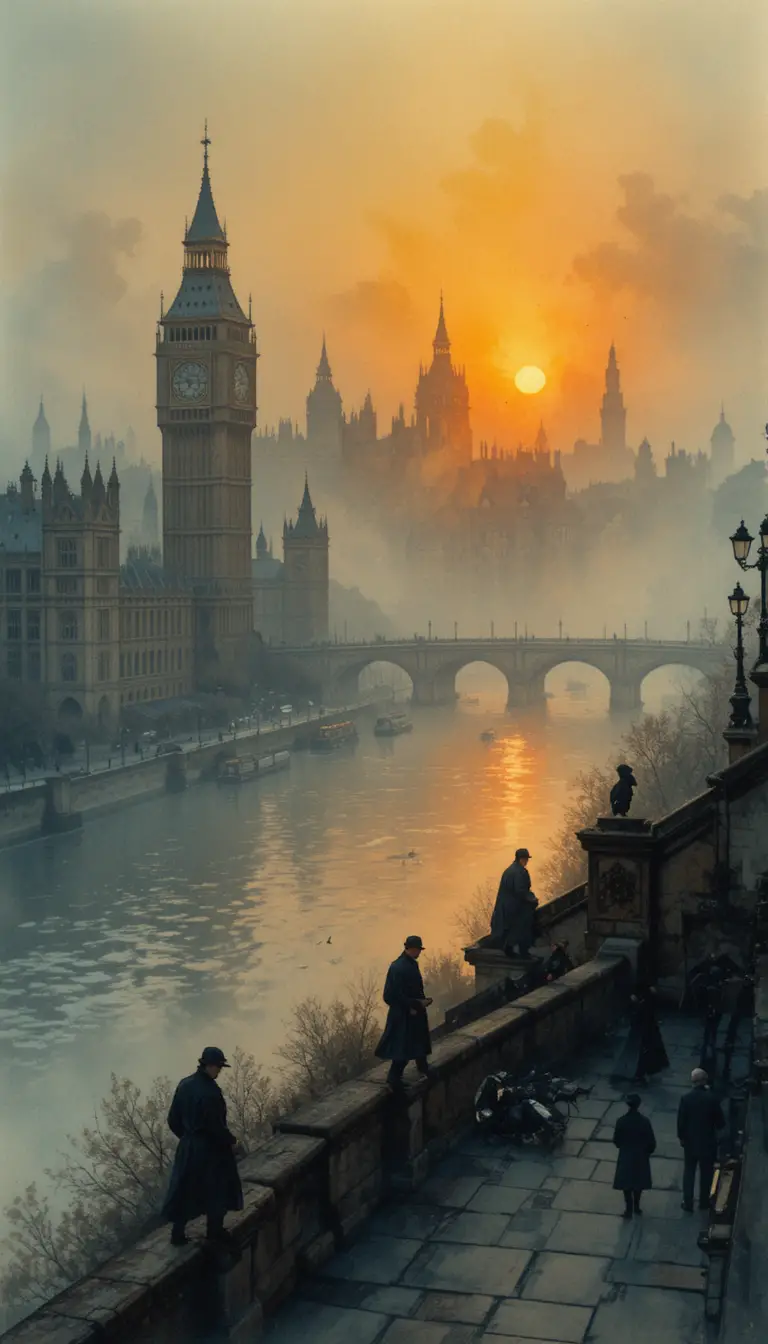Scena romantica e nebbiosa del fiume di Londra al tramonto in acquerello