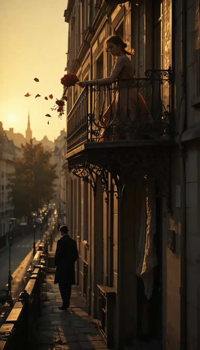 Young woman on parisian balcony in fading evening light