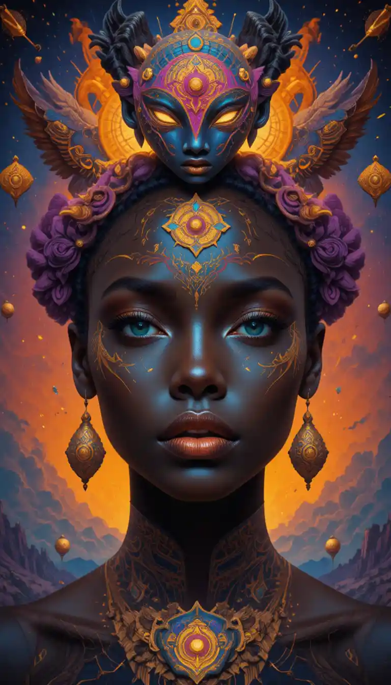Nahaufnahme eines surrealen Porträts einer afrikanischen Frau mit Stammesmotiven