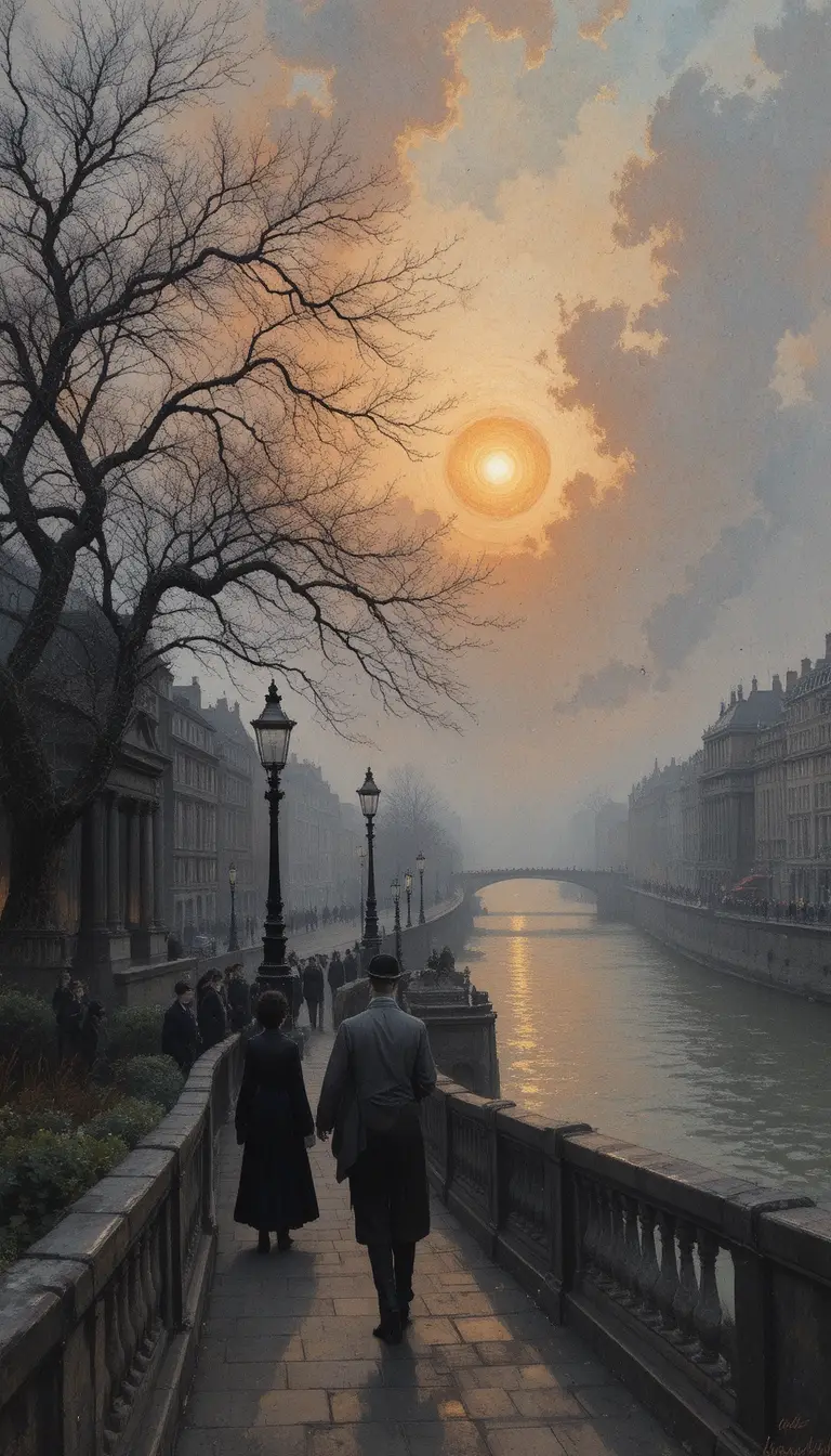 Veduta urbana romantica e nebbiosa sul lungofiume di Londra al tramonto