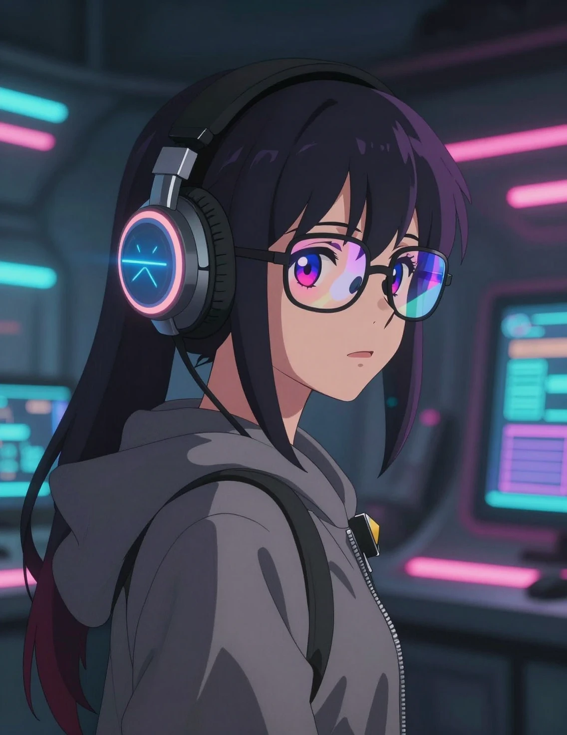 Anime girl technomancer in neon cyberpunk control center