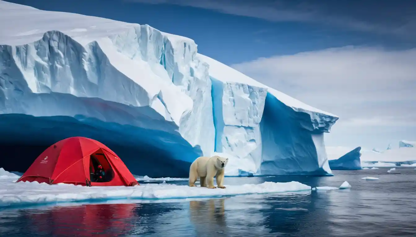Polar bear and red tent on a vast antarctic iceberg