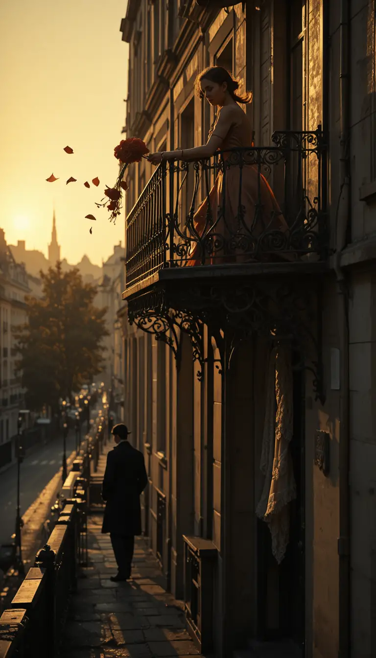 Young woman on parisian balcony in fading evening light
