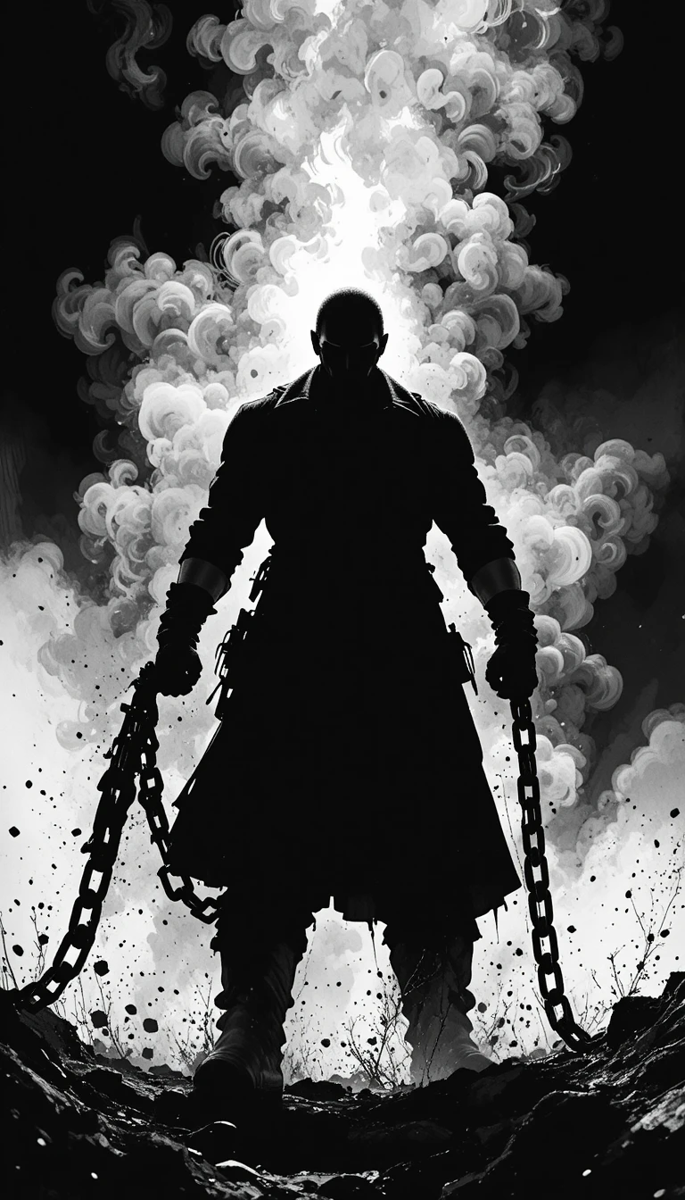 Silhouetted man with chains in dramatic low angle view