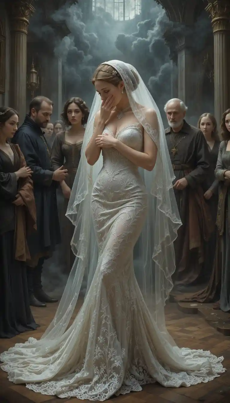 Weeping bride in white lace dress inside a solemn church