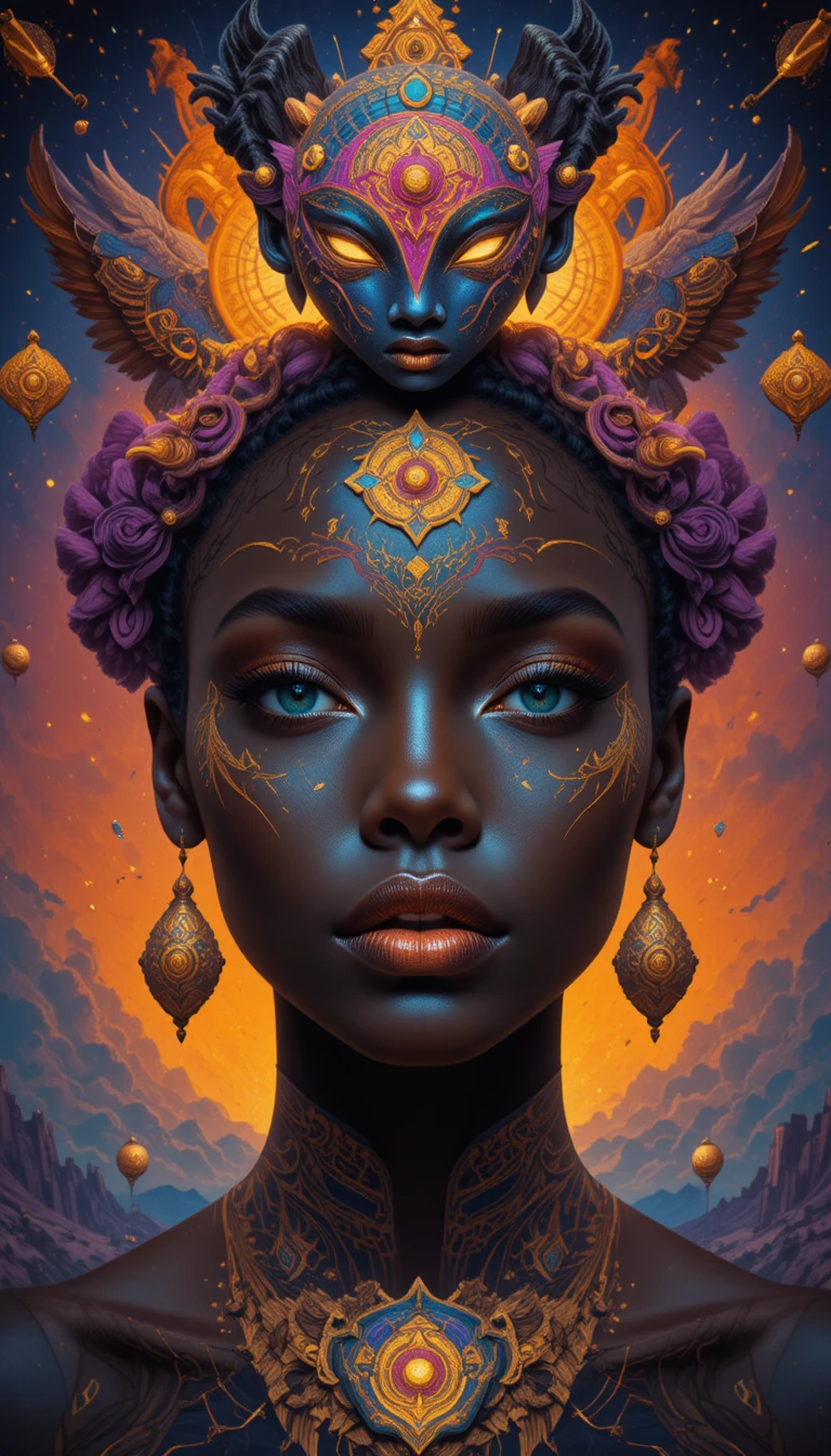 Nahaufnahme eines surrealen Porträts einer afrikanischen Frau mit Stammesmotiven