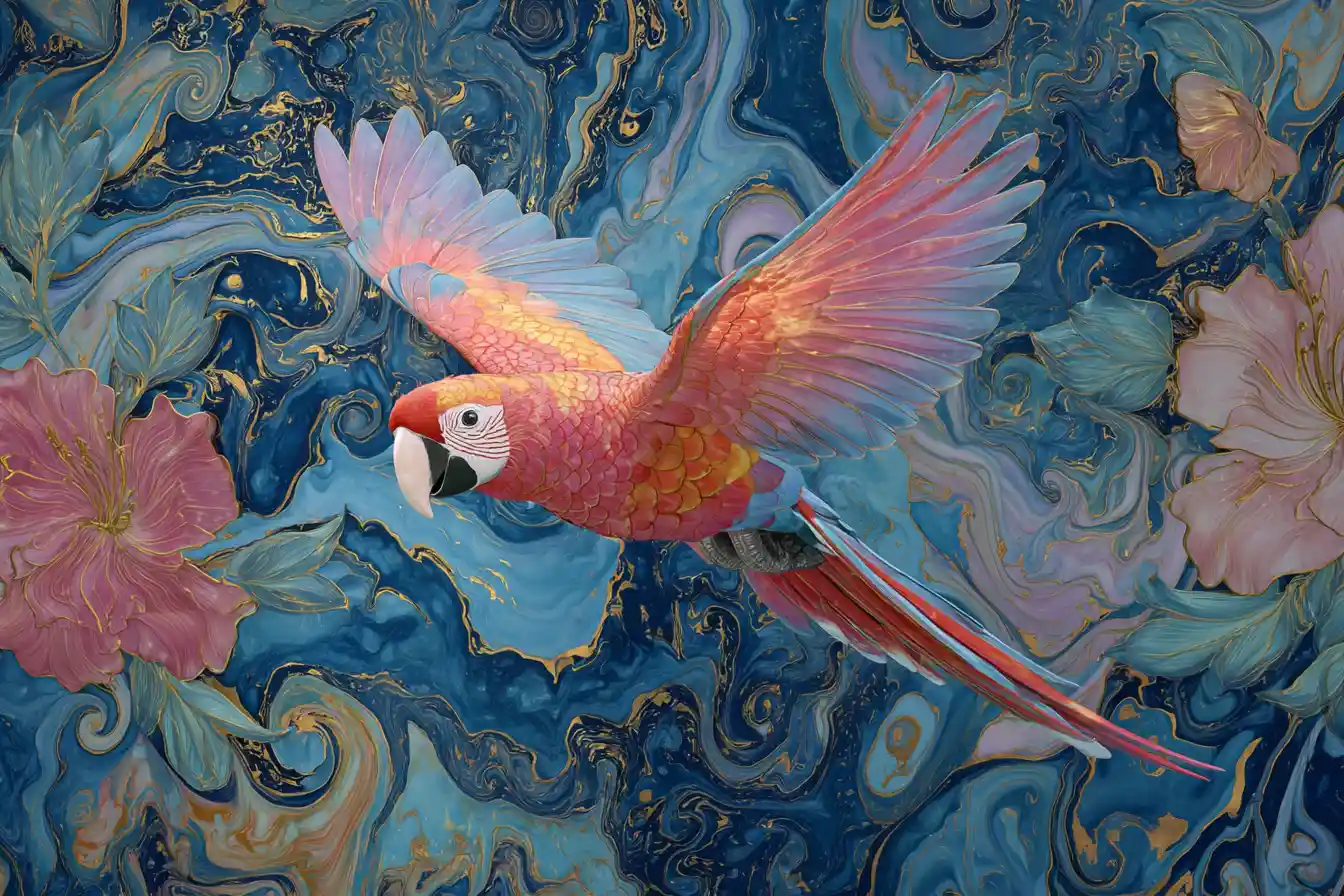 Glowing parrot rising from vibrant iridescent marble background