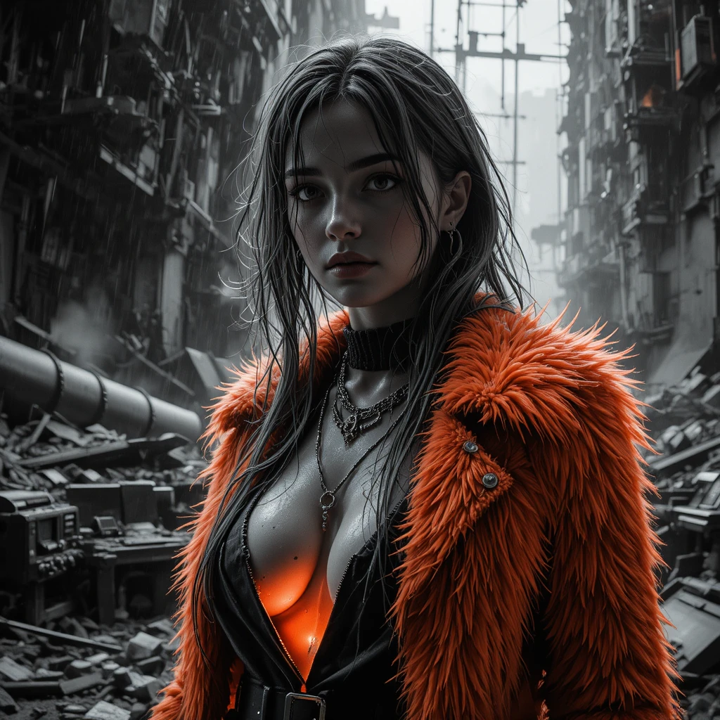 Donna cyberpunk tra le rovine durante una violenta tempesta diurna