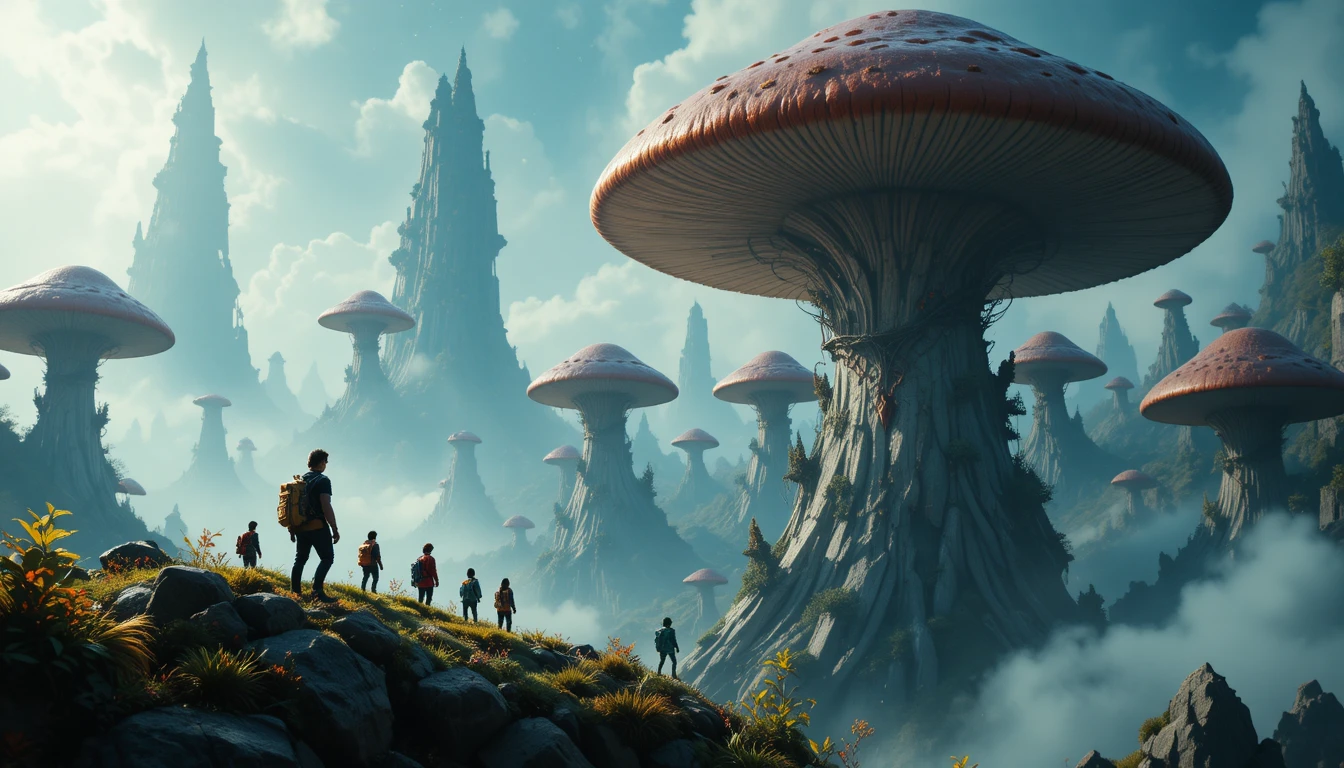 Tiny adventurer atop giant mushroom in surreal fantasy realm
