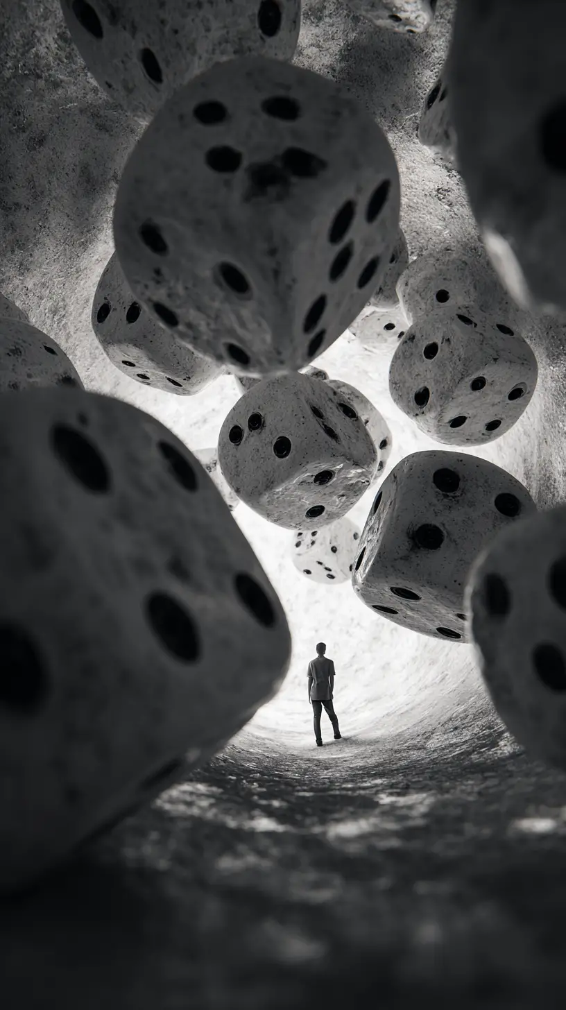 Man tumbling like dice in bold typography art