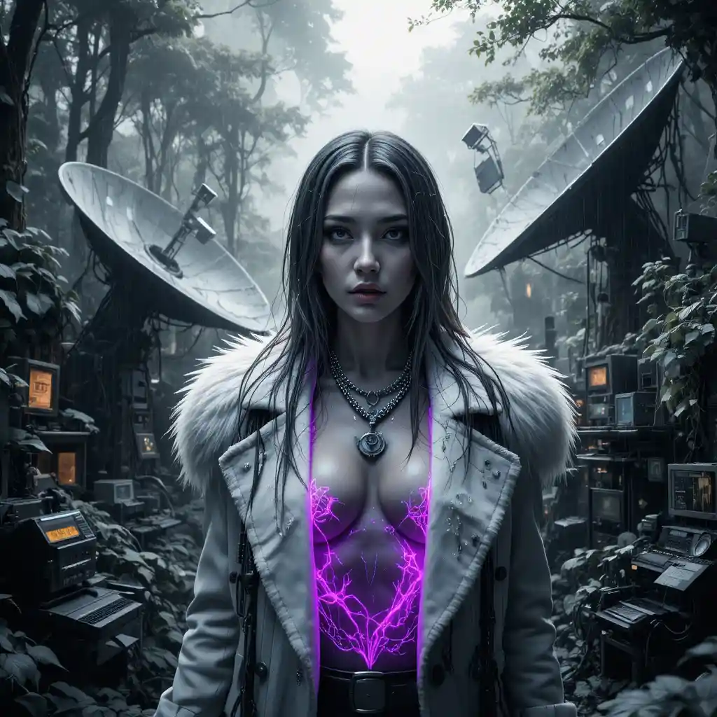 Femme fatale cyberpunk in un cimitero di satelliti nella giungla