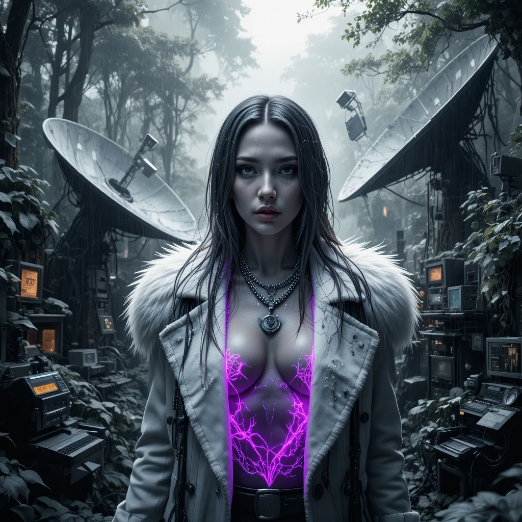 Femme fatale cyberpunk in un cimitero di satelliti nella giungla