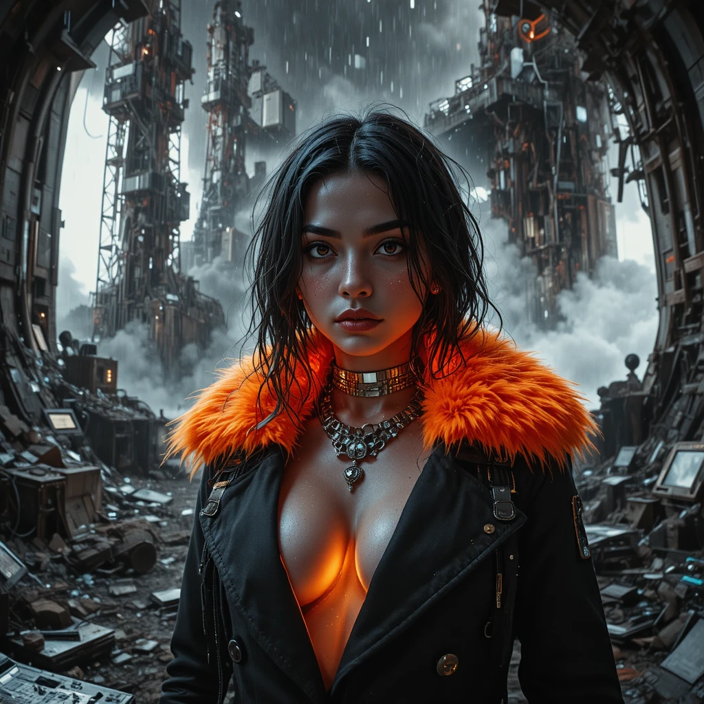 Cyberpunk-Frau in Ruinen während eines wütenden Sturm am helllichten Tag