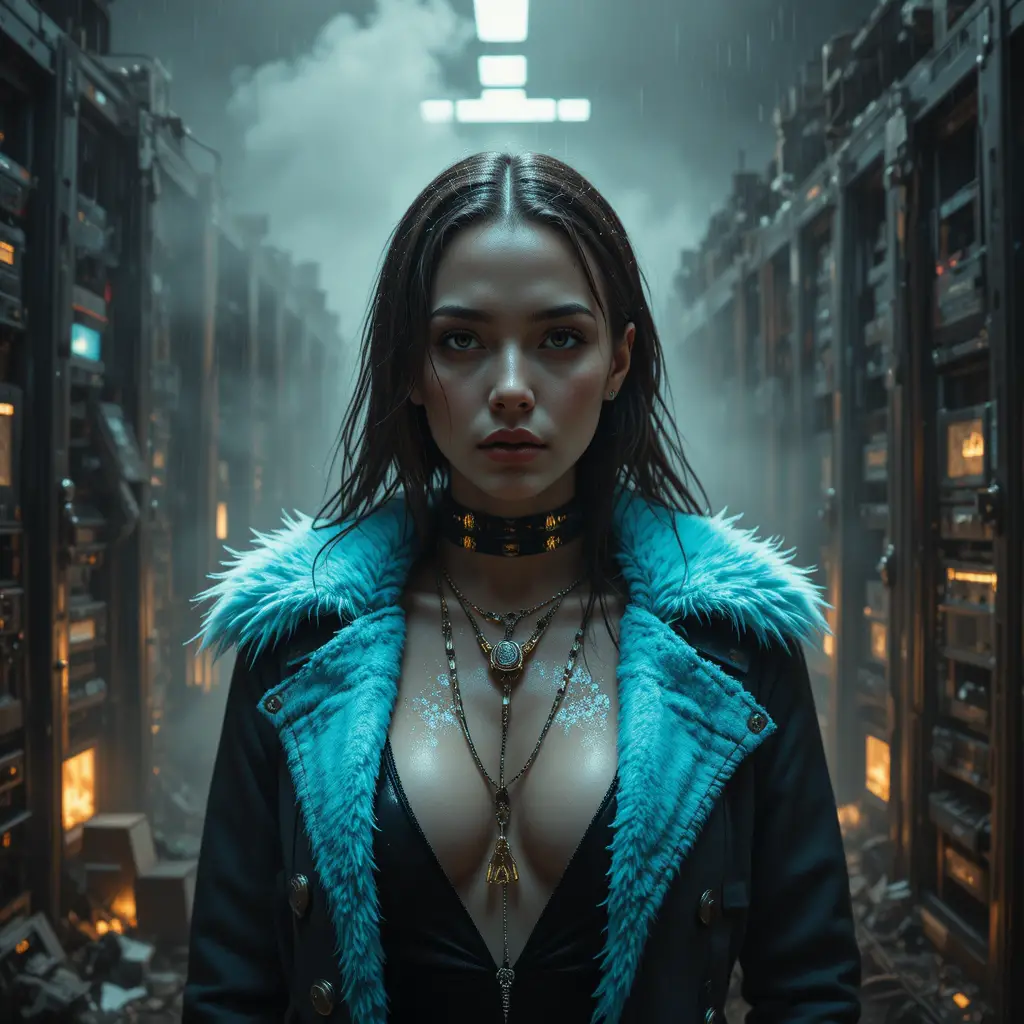 Ritratto ravvicinato di donna cyberpunk bagnata dalla pioggia