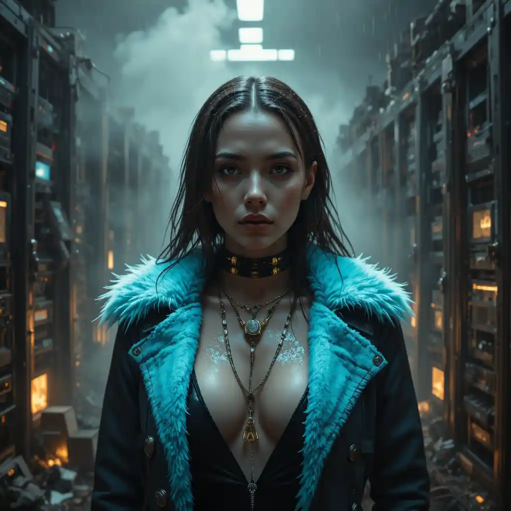 Cyberpunk woman in rain soaked close up portrait