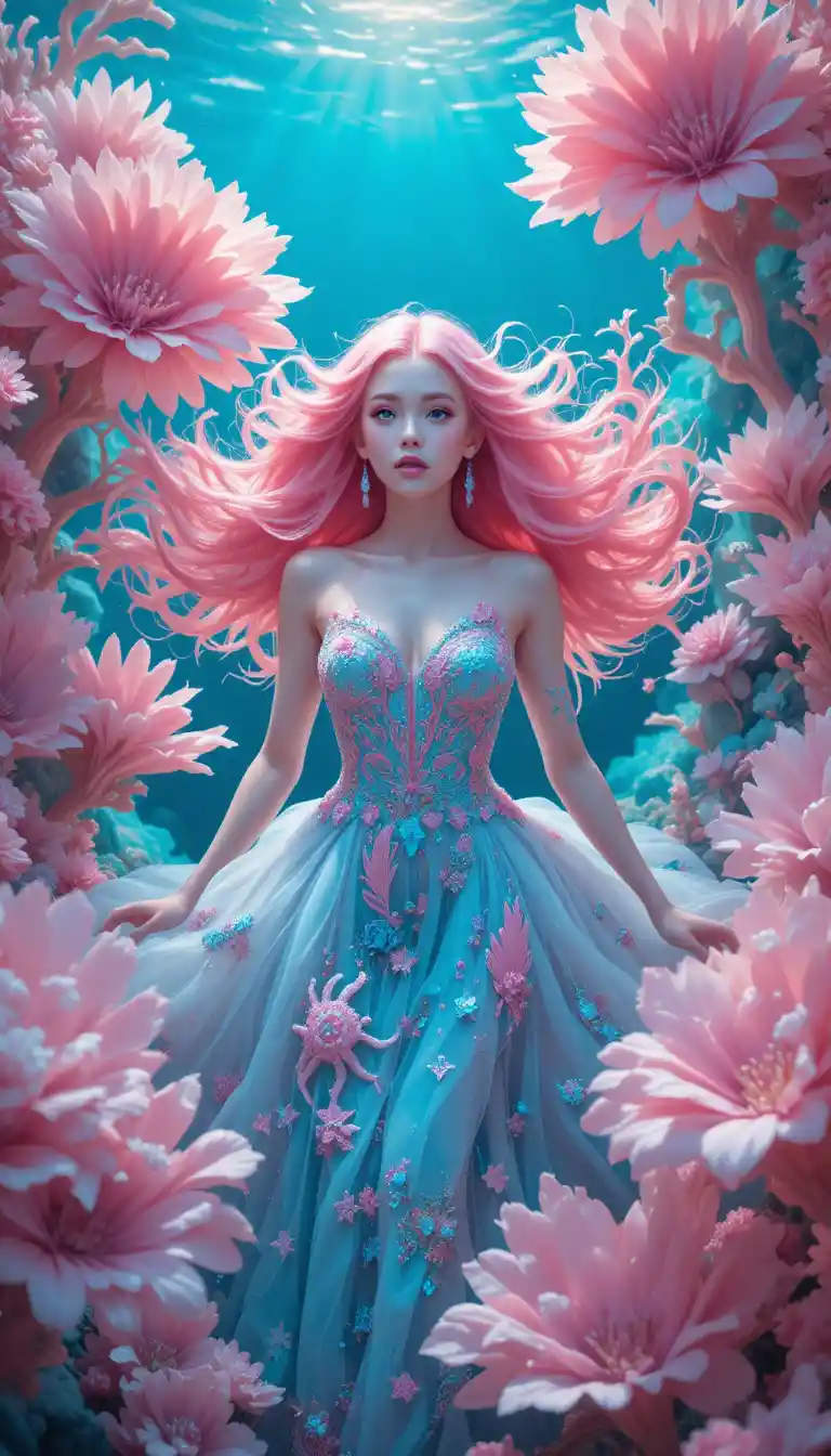 Pink haired girl floating among giant coral flowers underwater