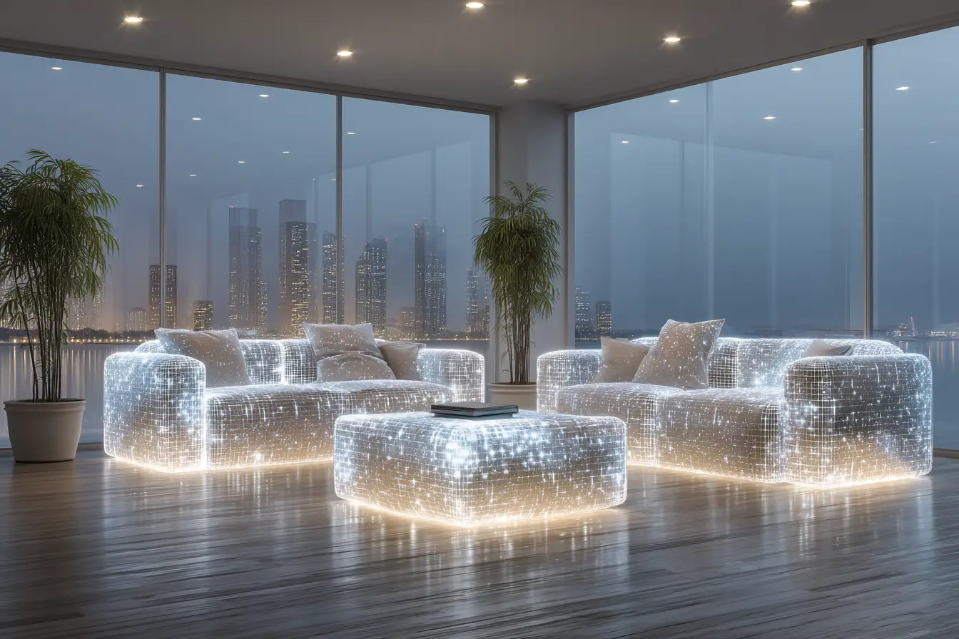 Mesh frame furniture in a futuristic hologram inspired interior