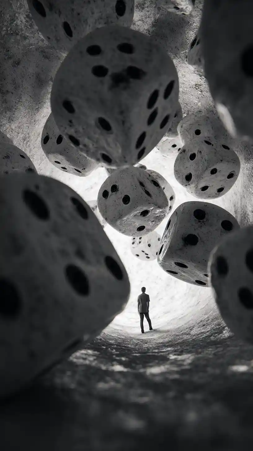 Man tumbling like dice in bold typography art