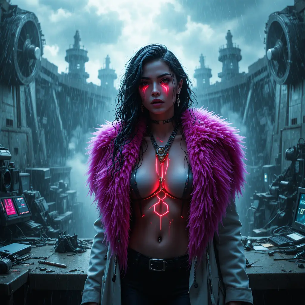 Ritratto ravvicinato di donna cyberpunk sotto la pioggia in ambiente industriale