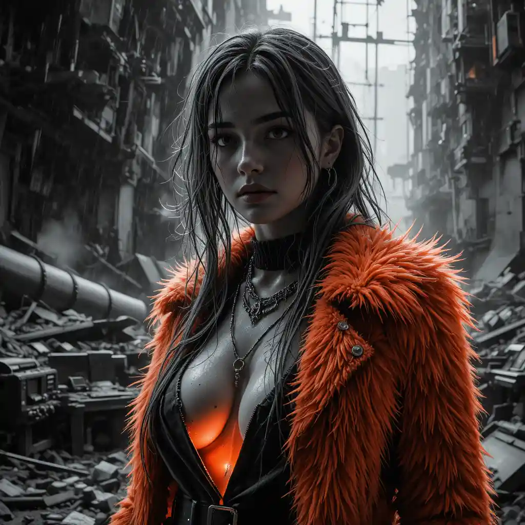 Donna cyberpunk tra le rovine durante una violenta tempesta diurna